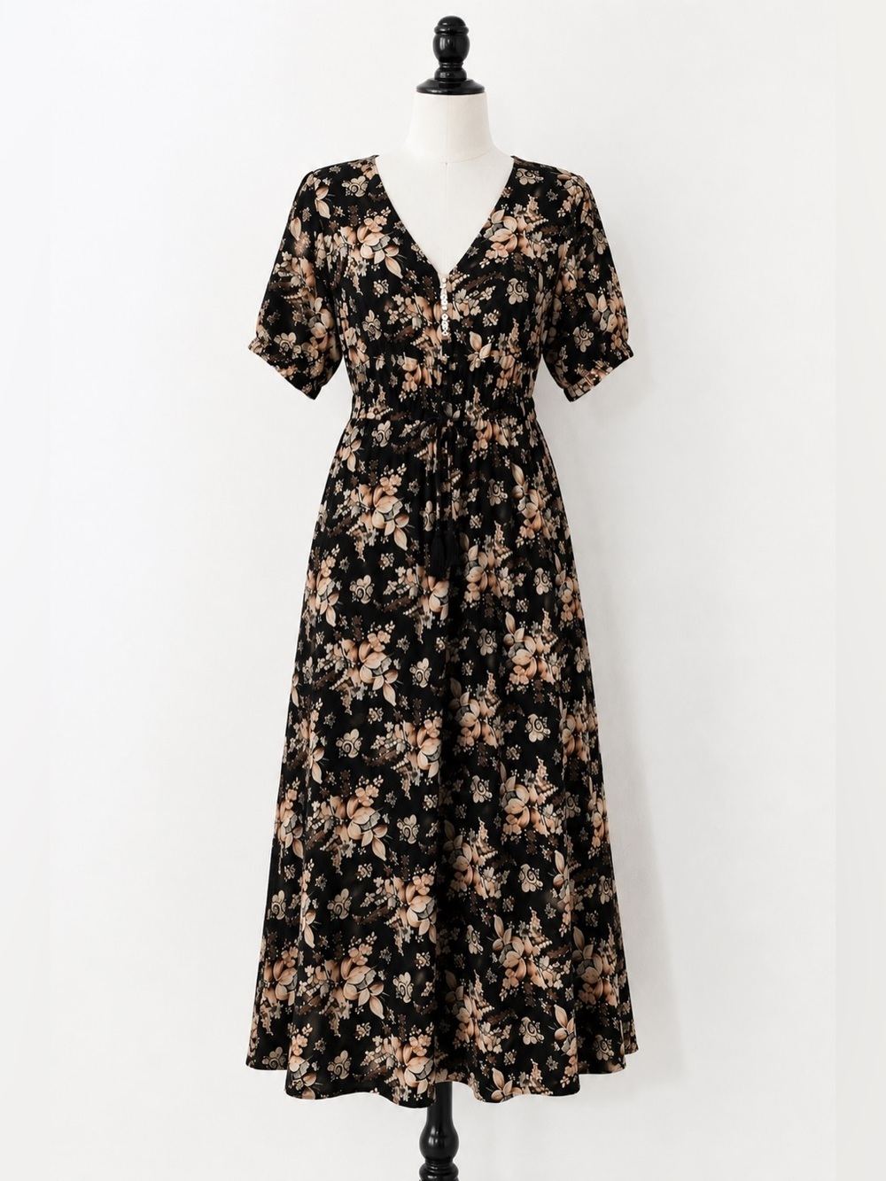 BROVAVE Black Floral Boho Midi Dress SZ L Cottagecore Romantic - Picture 3 of 10